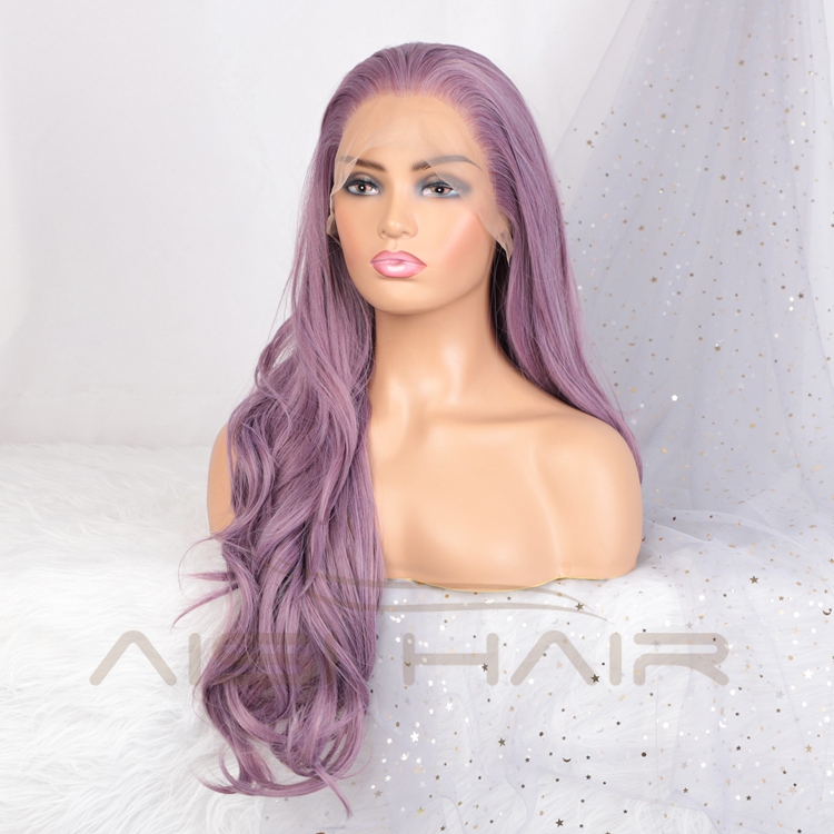 Aisi Hair Popular Light Purple Long Body Wave Wigs For Black Women Long High Temperature Fiber Wigs Free Part Lace Frontal Wigs