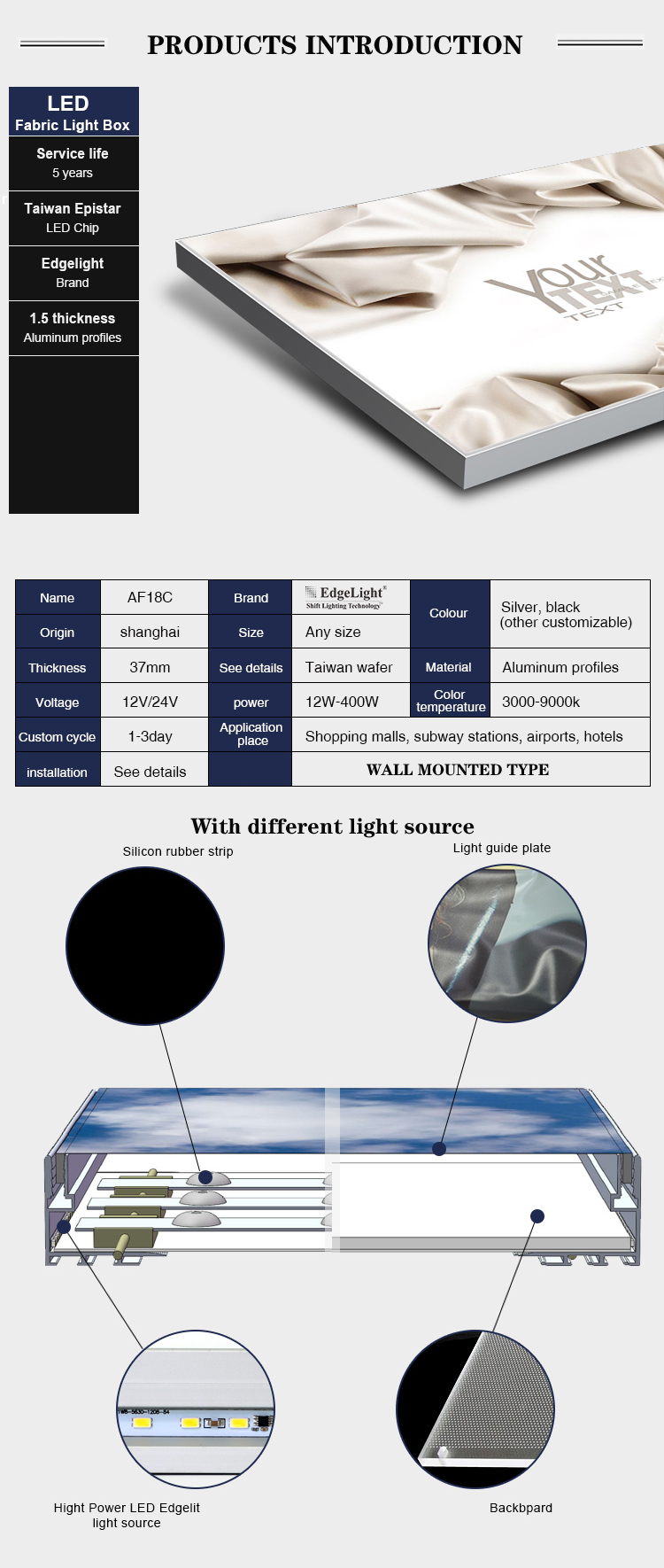 Edgelight AF18C Lightbox Frameless Aluminum Frame Led Fabric 37mm Thickness with CE Rohs