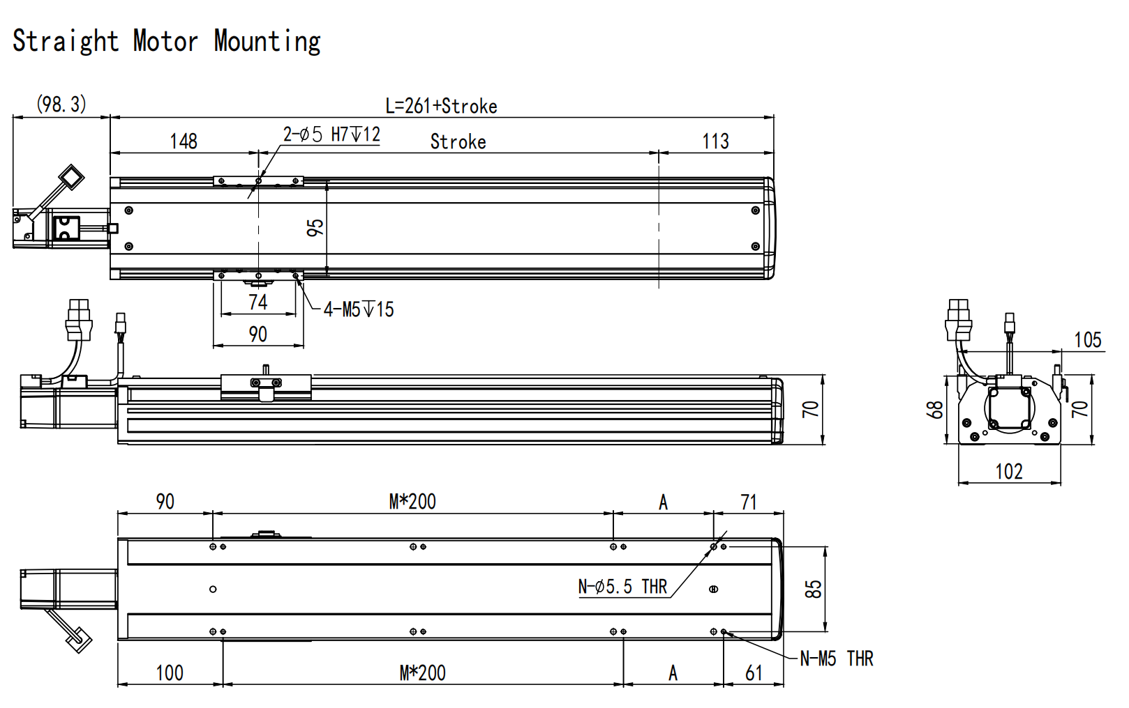 950mm linear module straight motor mount