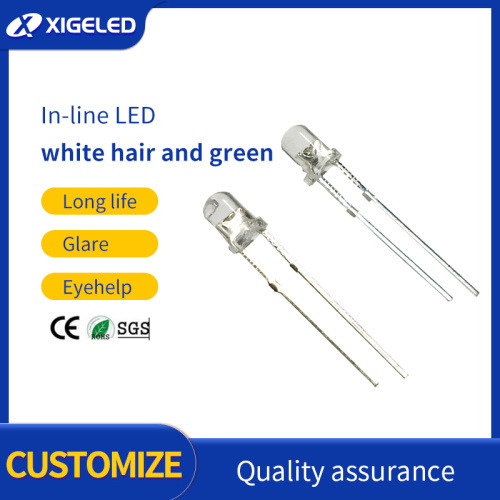 LED en línea LED de 3 mm-cabello blanco y patas cortas verdes