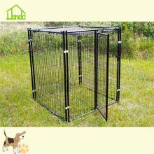 A welded mesh dog cage with tarpaulin