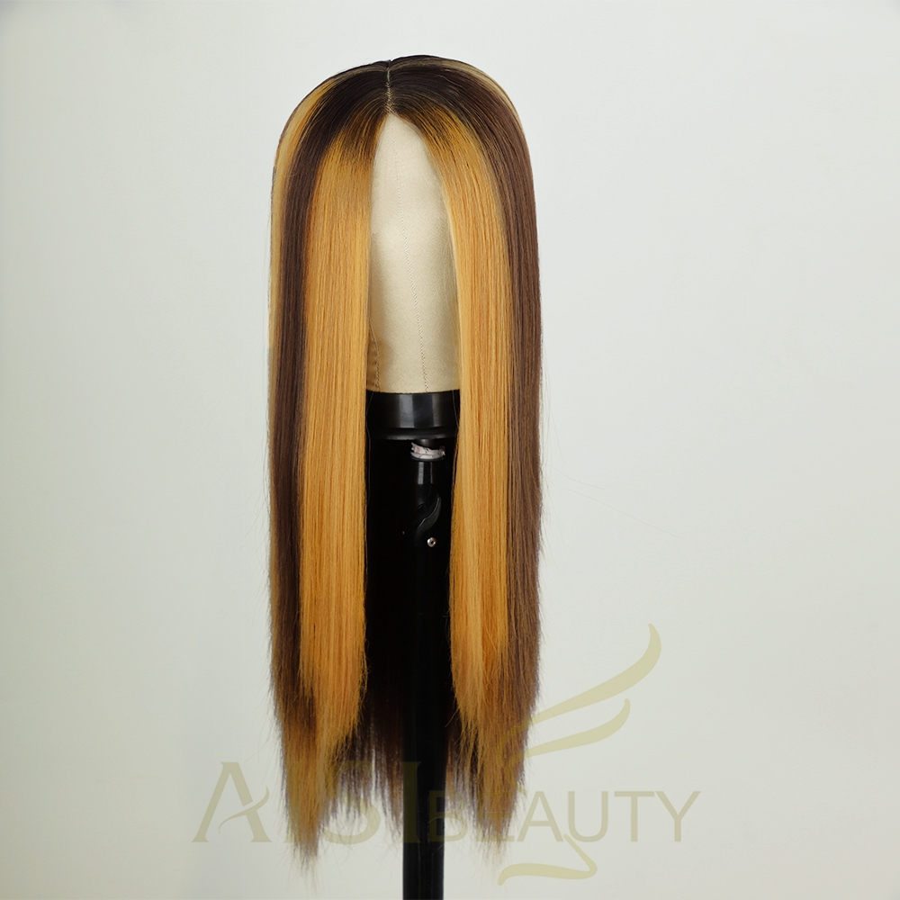 Aisi Beauty wholsale premium soft straight blonde mix brown cheap fiber synthetic hair wigs with highlights lace front