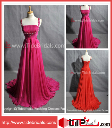 2014 Popular A-Line Straps Square Beaded Court Train Chiffon Evening/Prom Dress (AS5306)