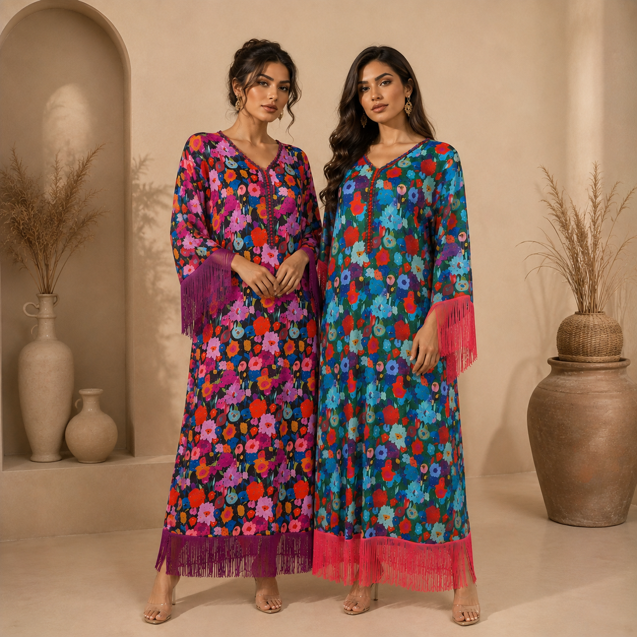 فستان ماكسي كاجوال بطبعة زهور (2) Colorful Floral Print Fringe Casual Modest Maxi Dress
