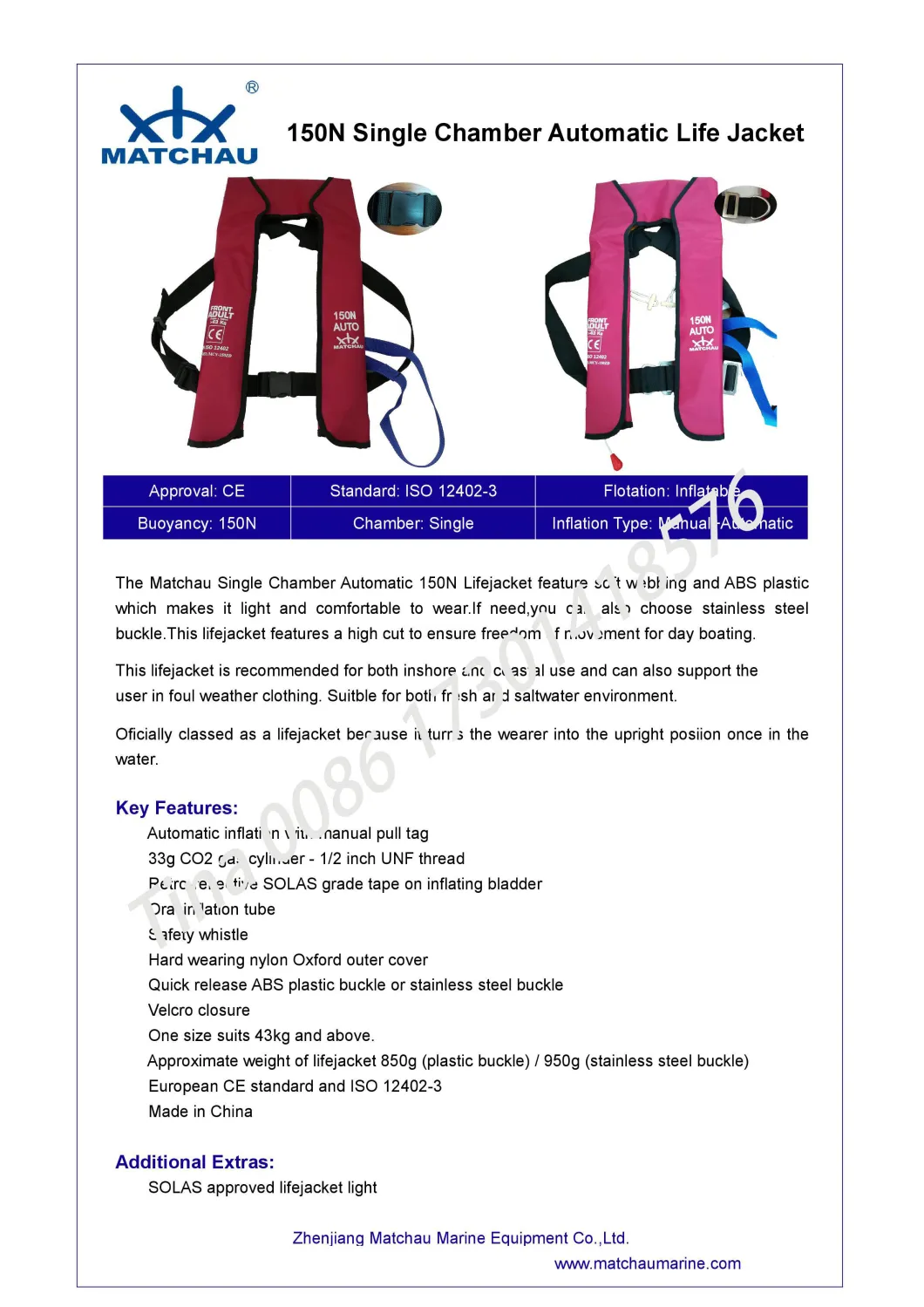 CE Approved 150n Double Air Chamber Inflatable Lifejacket
