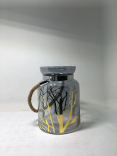 smoky hanging glass hurricane candle holders lantern with gold design                        
                                                                                Supplier's Choice