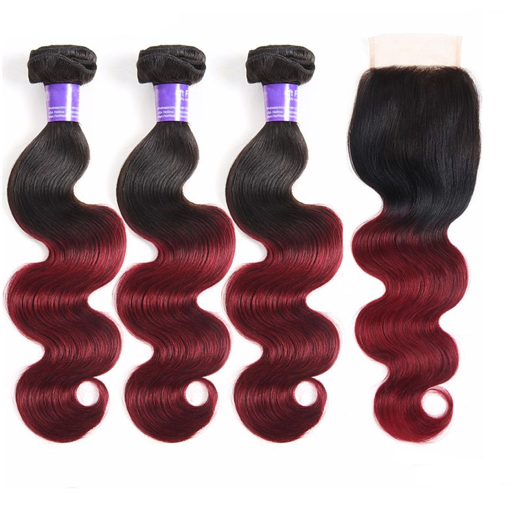 1B/Burgundy Ombre Brazilian Body Wave 3/4 Bundles With Lace Closure Human Hair Bundles And Closure 99J Red Remy Hair Weave