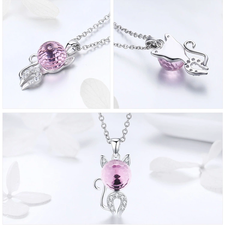 Lovely Cat Pink Crystal CZ Sterling 925 Sterling Silver Pendant