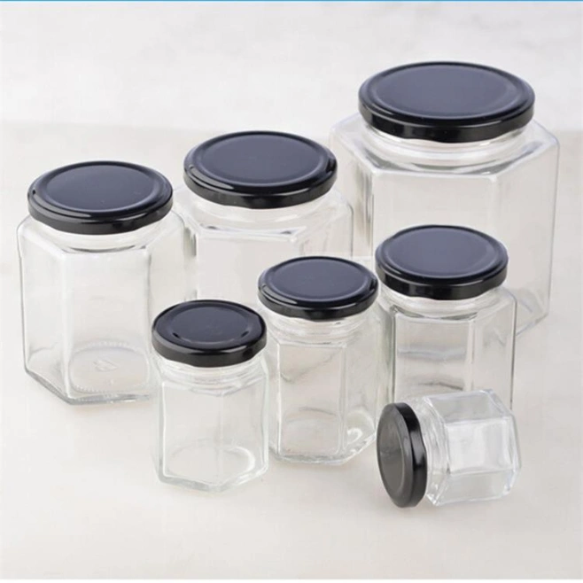 Wholesale Special Shape Hexagonal Glass Bottle with Lid Many Different Kinds