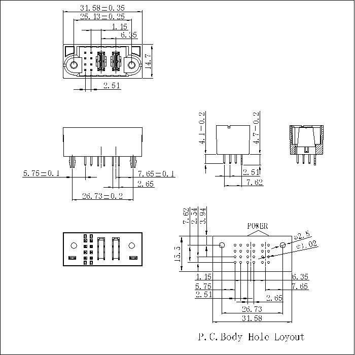 PSPM6.35S-0208G0G0AEX 6.35MM 2P Power+8P Signal Male Straight Dip Power Connector