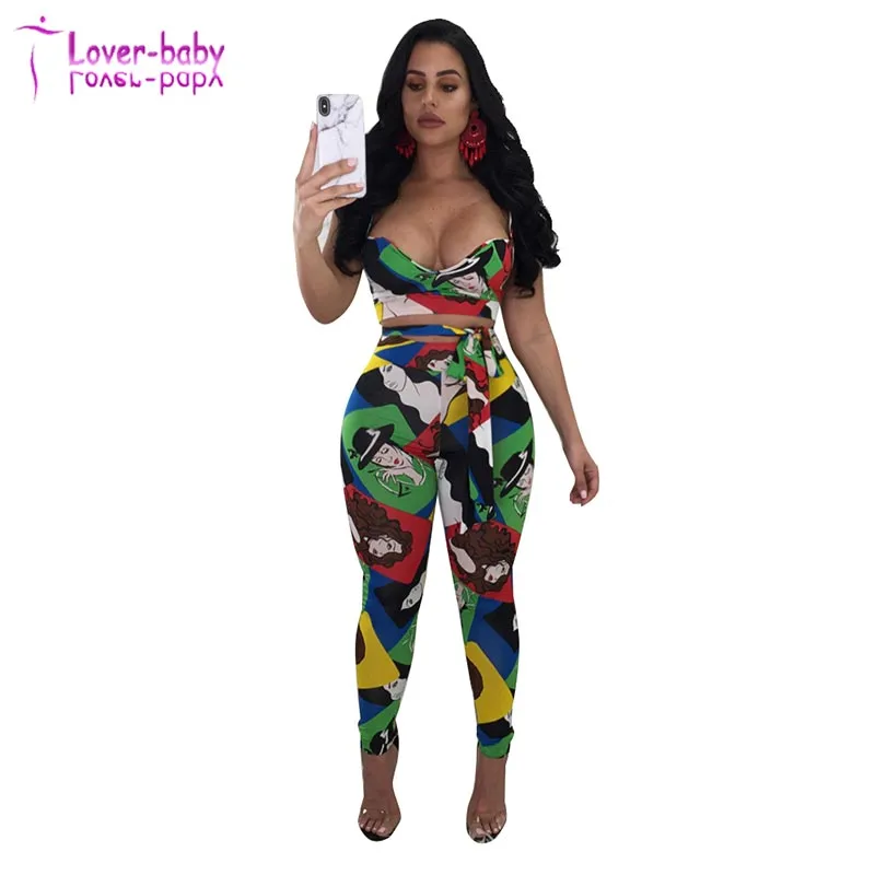 Graphic Colorful Print Straps Crop Top and Pants