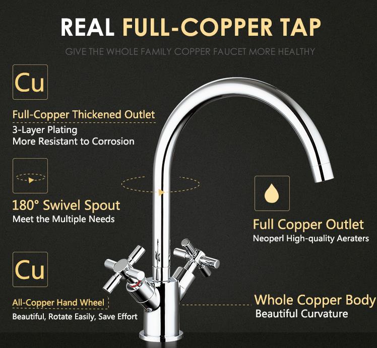 Brass two handles sink mixer kitchen taps single hole cross handle kitchen faucets chrome plated