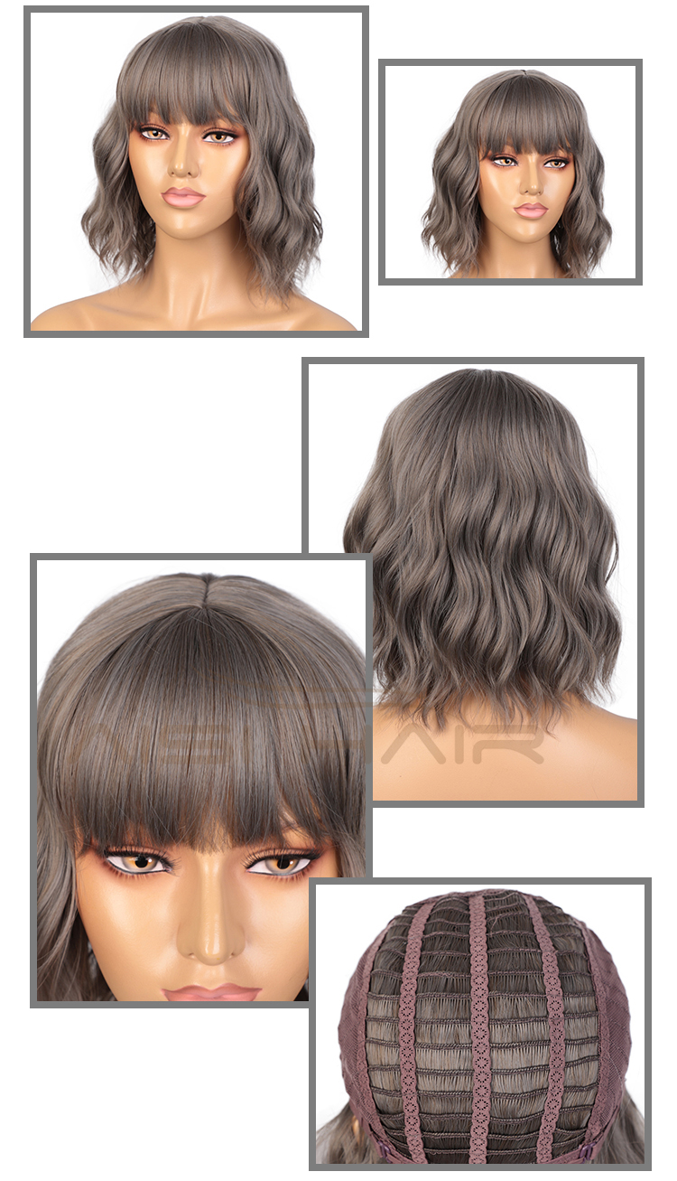 Aisi Hair Short Wavy Short Bob Gray Wig With Neat Bangs Body Wave Wig Heat Resistant Synthetic Fiber Wigs For Black White Women