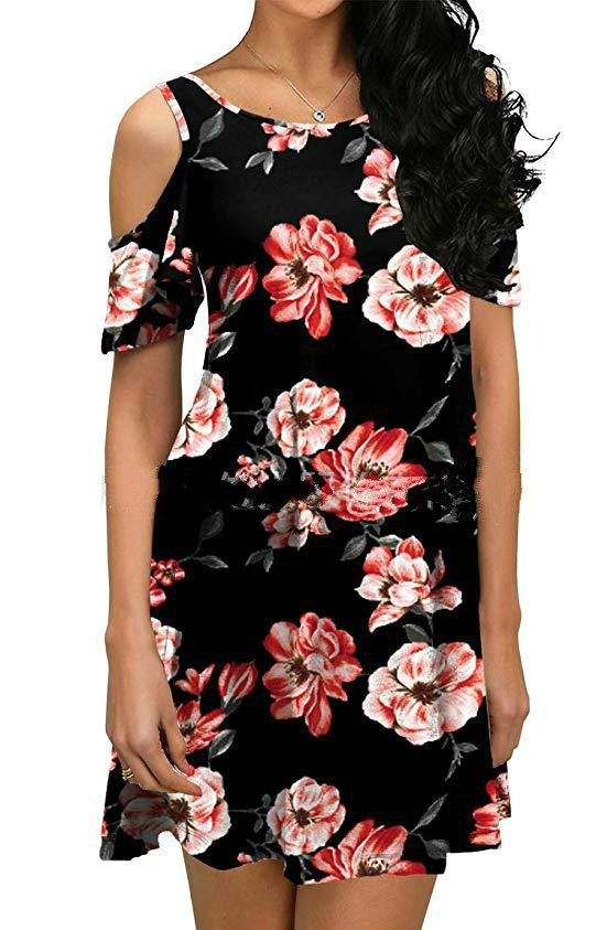 New Short sleeve Dress with Shoulder-less Printing Summer dresses