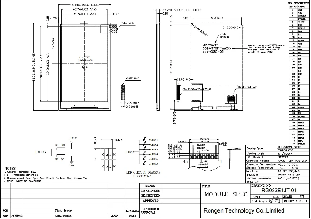 Ronen 3.2 Inch 240X400 TFT LCD Display 18bits RGB/MCU