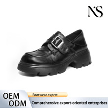 Black Leather Buckle Platform Loafers