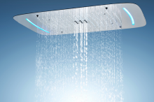 Overhead LED shower head with multiple rainfall methods