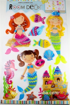 2015 Cartoon mermaid 3D pvc gold powder wall sticker