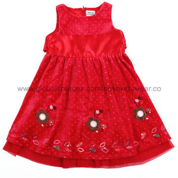 Red color 100% cotton quality fashion design holiday fully lined embroidered baby girls' dress