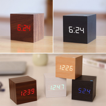 Cube Wooden LED Alarm Clock Temperature Sounds Control LED Display Electronic Desktop Digital Clocks despertador