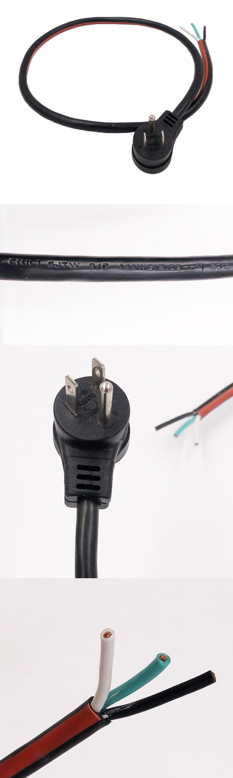 NEMA 5-15P 45 degree angled power cord other end stripped