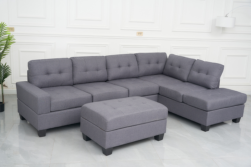 Stationary Fabric L Shape Sofa with Ottoman