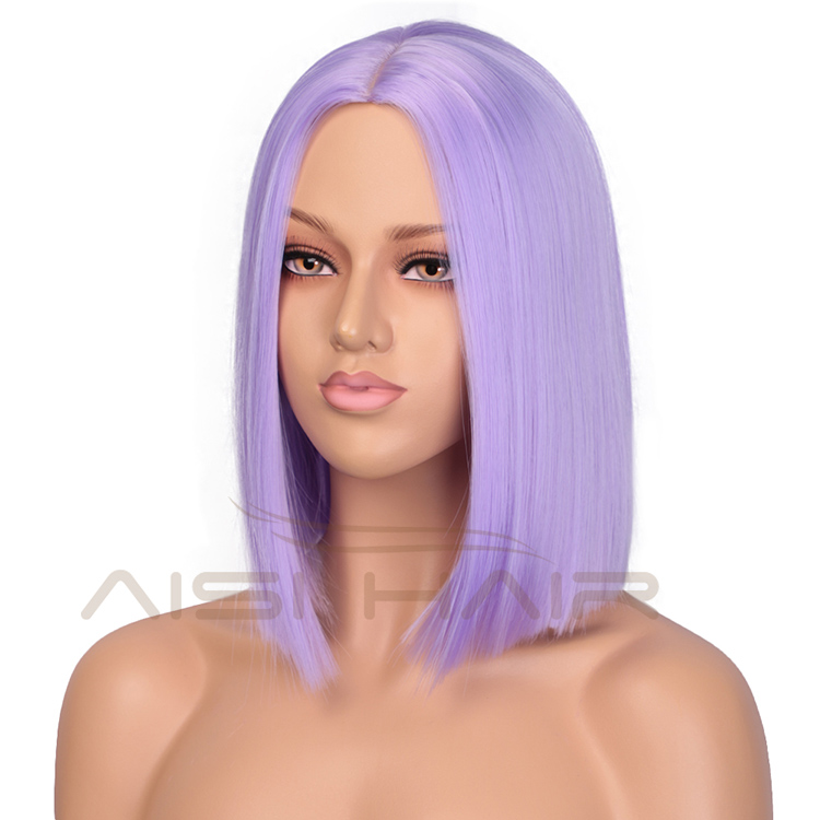 Purple Wigs Heat Resistant Synthetic Fiber Hair Silky Straight Short For Women Bob Party Cosplay Wigs