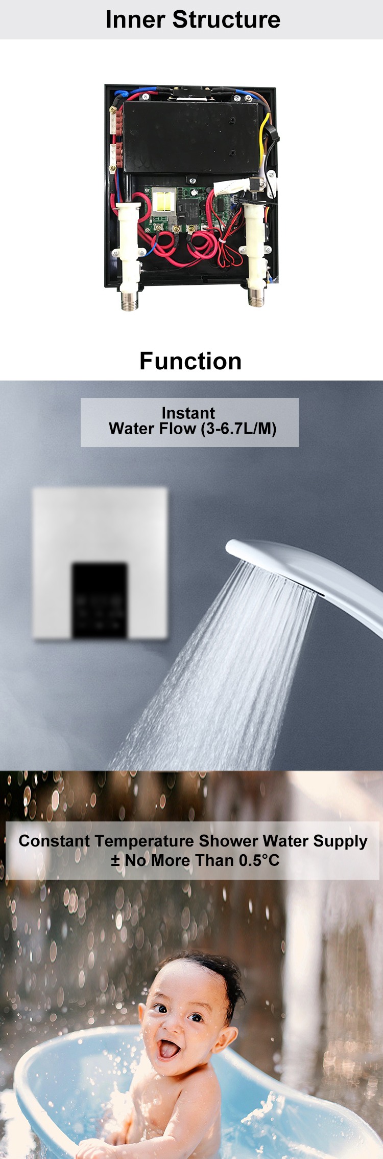 7kw 110V Small Bathroom Shower Cast Aluminum Element Digit Smart Tankless Electric Hot Water Heater