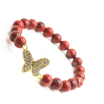 Red Jasper 8MM Round Beads Stretch Gemstone Bracelet with Diamante Butterfly alloy Piece