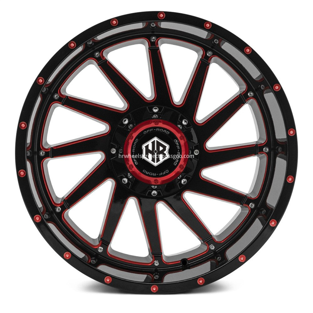 Hrw Off Road Truck Wheels Hr0176 Gloss Black Red Milled Accents Dots Front