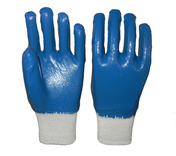 Guantes de franela de nitrilo azul con forro de muñeca de punto