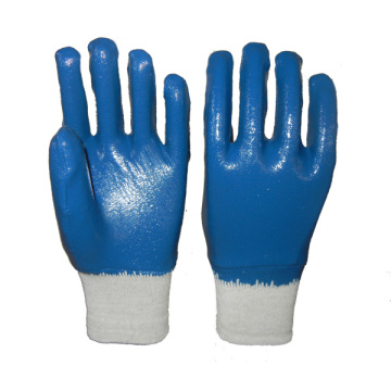 Guantes de franela de nitrilo azul con forro de muñeca de punto