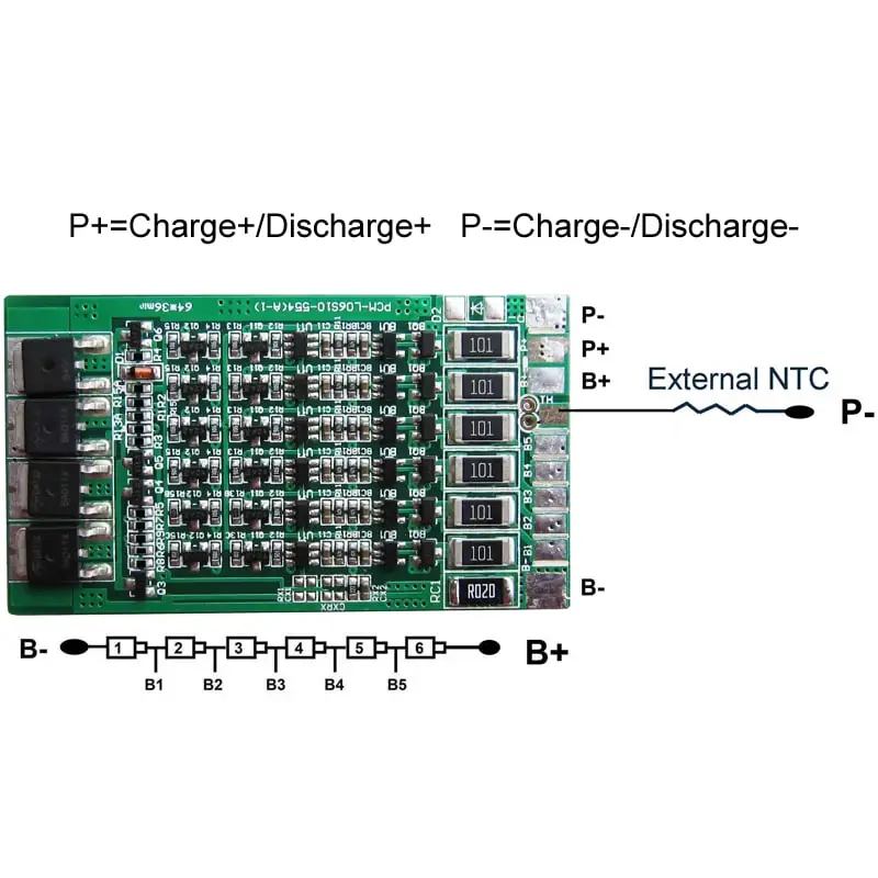 6s C: 5A D: 8A PCM BMS for 21.6V 22.2V Li-ion/Lithium/ Li-Polymer 18V 19.2V LiFePO4 Battery Pack with External Ntc PCM-L06s10-554 (A-1)