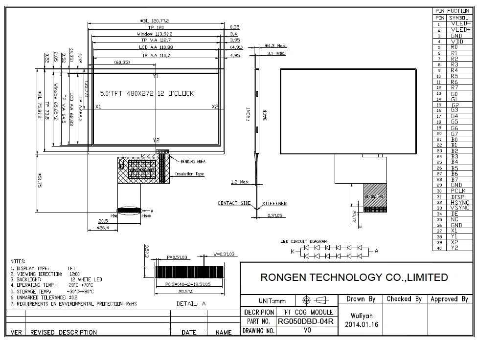 G050dbd-04r for POS Display 5.0inch 480X272 LCD Screen
