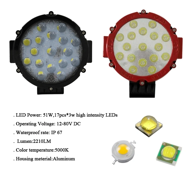 Cheap Red Black 7inch 51W Round LED Work Light Waterproof for Tractor Autos Truck Roof Top LED Work Light