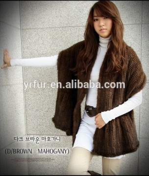 YR101 Korean Style Genuine Mink Tail Knitted Fur Cape Shawl