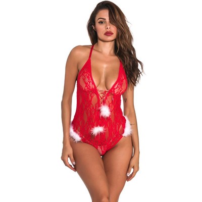 European And American Women's Lace Pattern See-Through Tight-Fitting Sexy One-Piece Christmas Shape Bodysuit