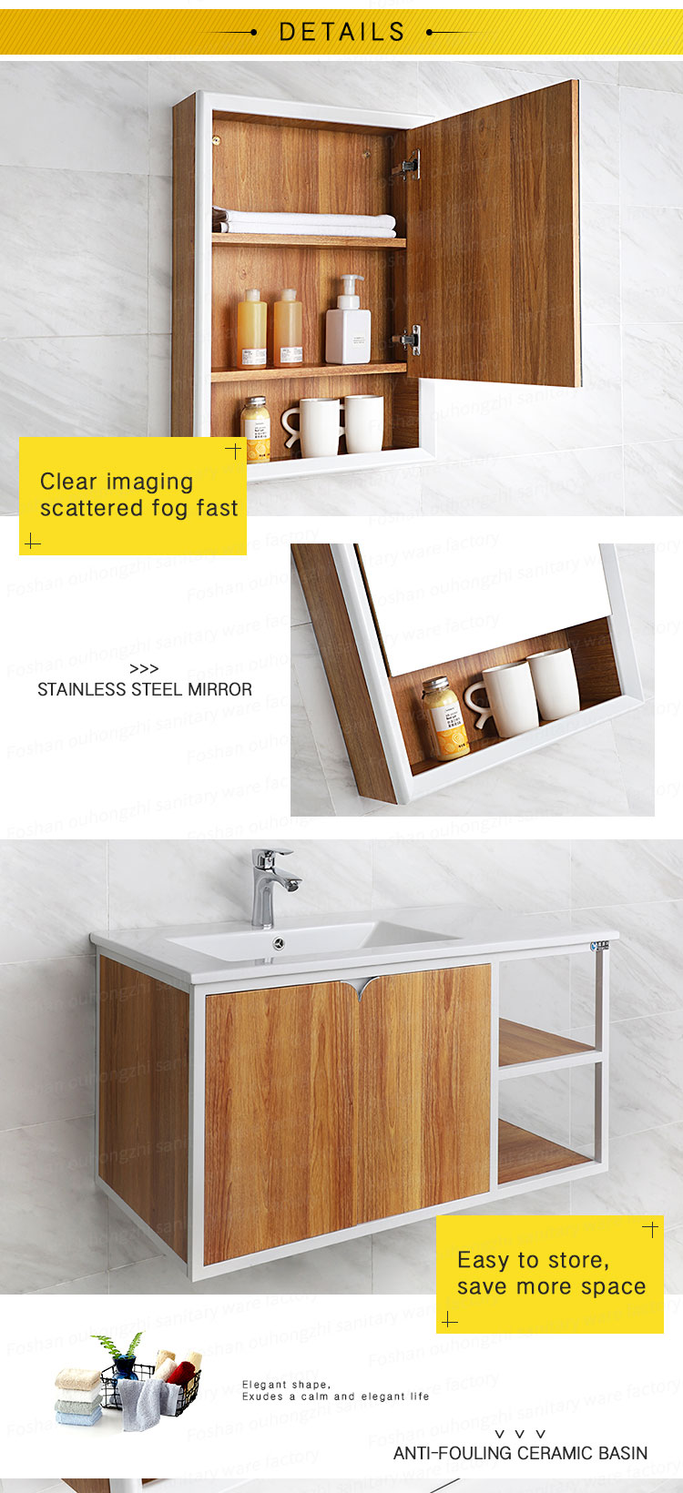 wholesale hanging Modern Wood Color Stainless Steel Bathroom Vanity With Mirror Cabinet set