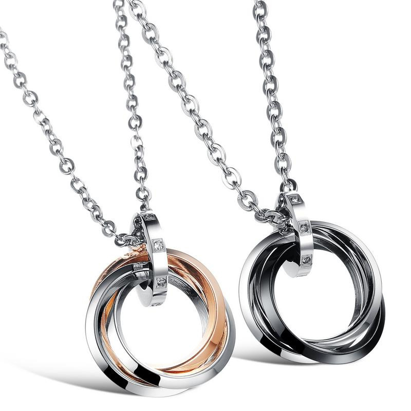 stainless steel necklace for couples double ring valentine's day gift steel jewelry couples necklace pair