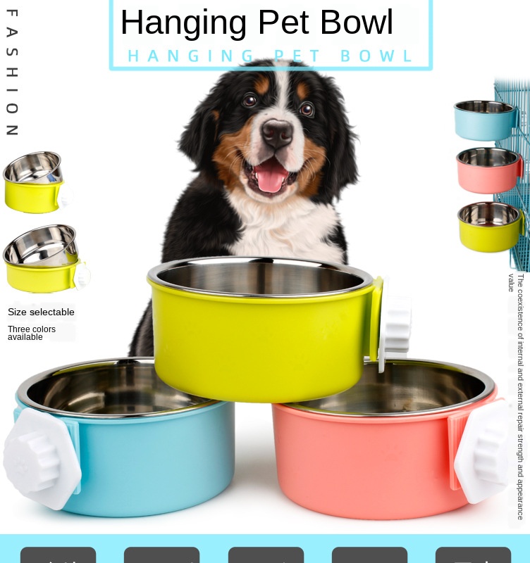 Pet bowl feeder stainless steel cage hanging fixed dog basin