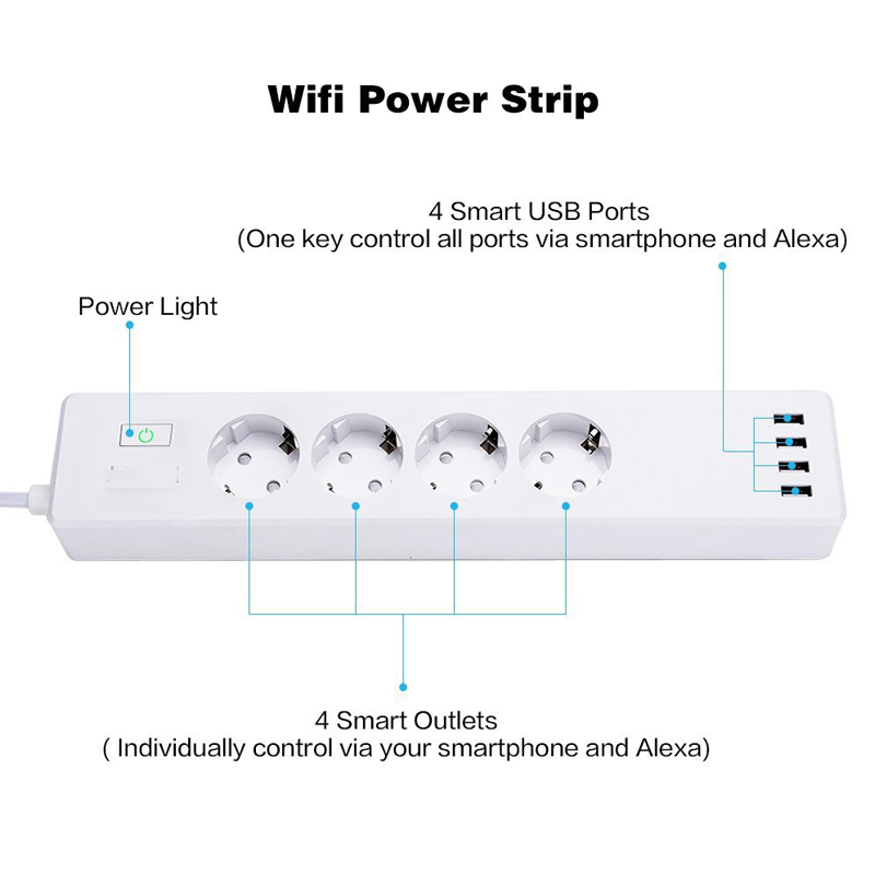 Eu Power Strip Power Extensions Strip Smart 4 Outlet Power Strip European Surge Protector TUYA