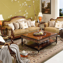 Antique Coffee Table & Classical Leather Sofa Set for Living Room