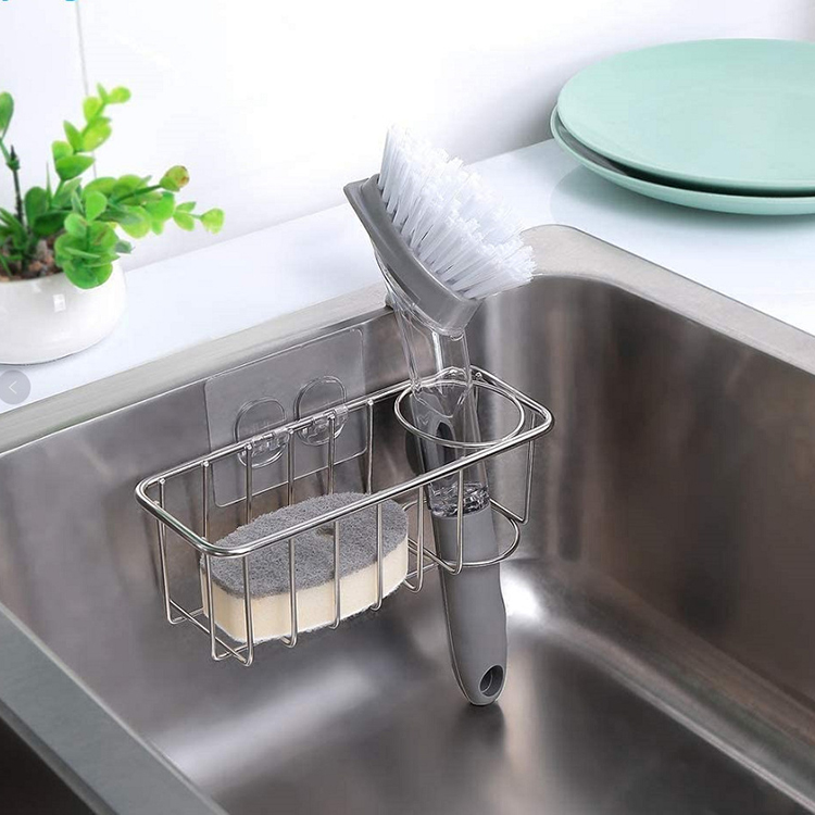 Kitchen Polished Stainless Steel Sink Suction Organizer Basket Sink Caddy Sponge Holder Soap Brush Holder