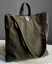 Army Green Canvas and Leather Patchwork Tote Bag