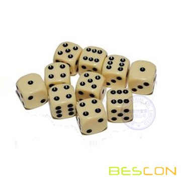 Round Corner Bone Color Six Sided Die 12MM with Black Dots