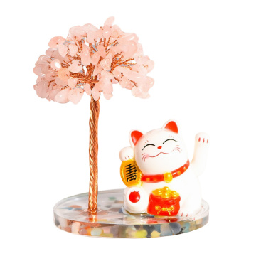 Raw Rose Quartz Raw Stone with Colorful Resin Base Lucky Cat Ornament