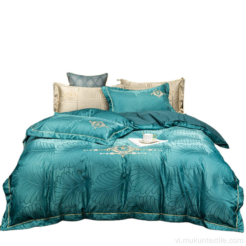 Bộ đồ giường thêu lụa jacquard sang trọng màu xanh lá cây