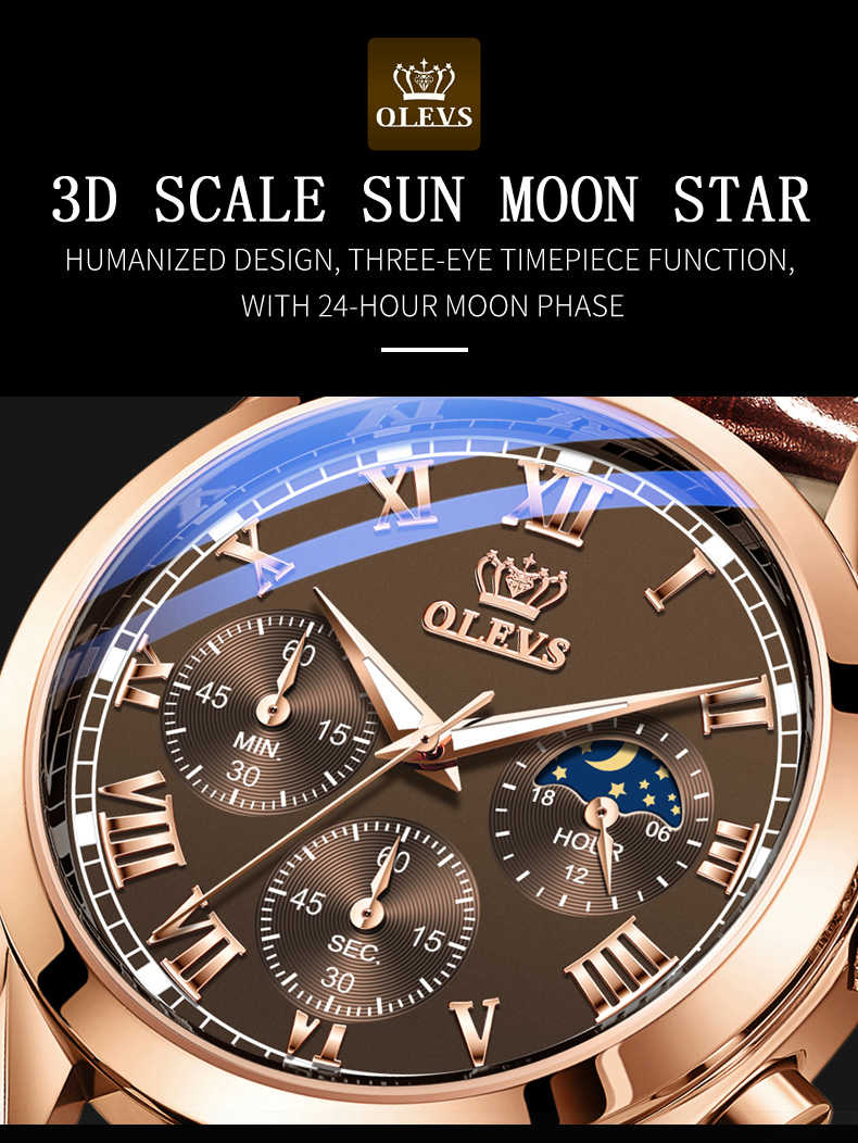 OLEVS 2871 Multifunctional Sports Watches Leather Luxury Fashion Genuine Leather Man Wristwatch Waterproof Luminous Men's Watch