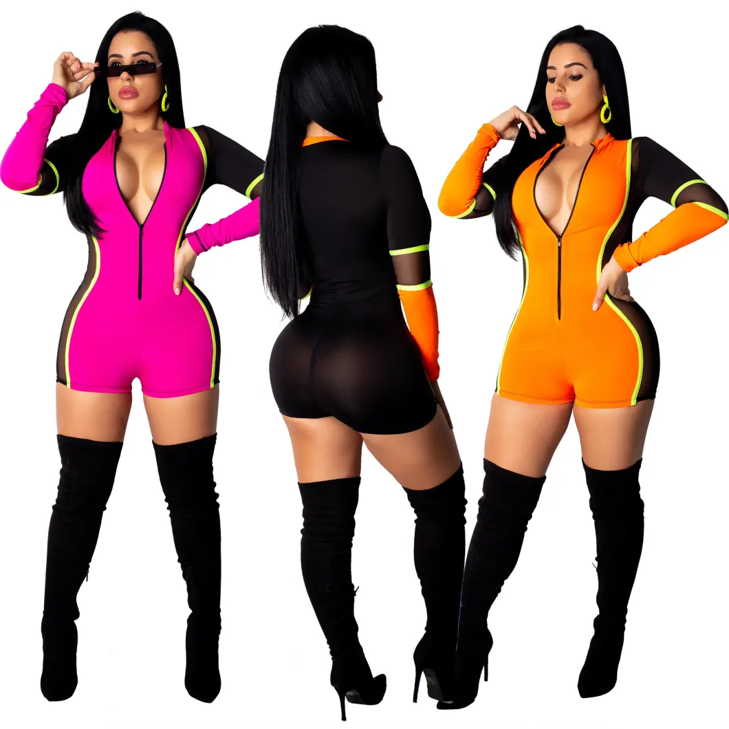 Superstarer Wholesale Latest Design Patchwork Short Knee Length Rompers for Women V Neck Bodycon Onesie Translucent Jumpsuit