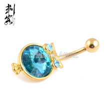 Gold Plated Aqua Crystal Owl Belly Ring Piercing Belly